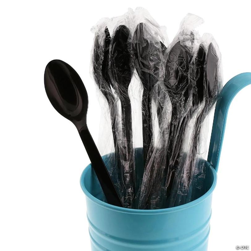 Edge Collections  - Medium Weight Black Polypropylene Individually Wrapped Soda Spoons! | USA Decoration®