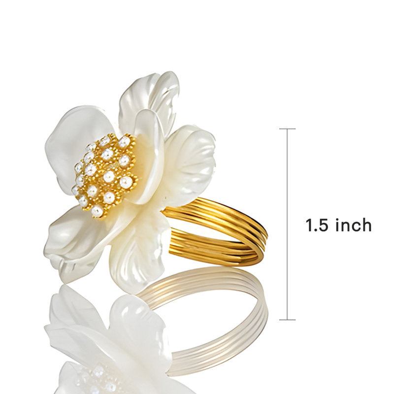 Elegant Metal Napkin Rings Set with White Flower Motif for Elegant Christmas Table Decor for Dining