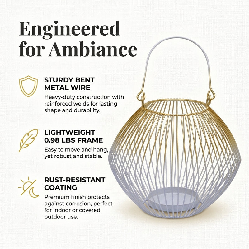 Elegant White and Gold Metal Candle Lantern with Glass Tealight Holder for Indoor, Outdoor, Christmas Decor