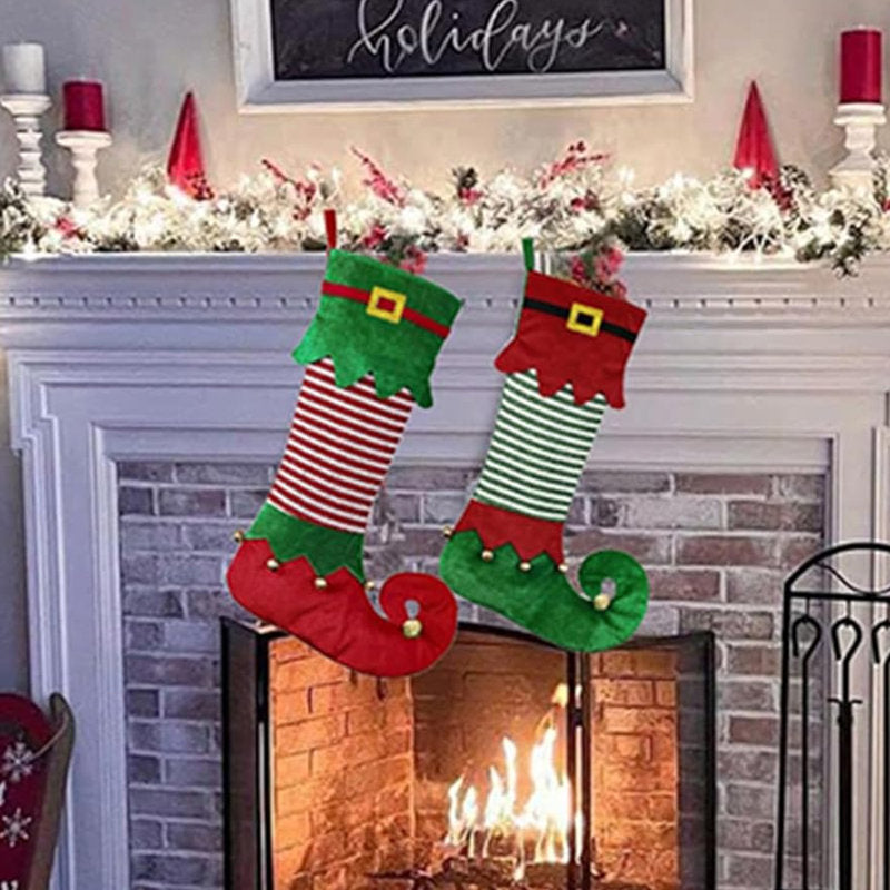 Elf Christmas Stockings 22 Inches Large Funny Jester Xmas Stocking Novelty Fireplace Decorations Velvet Ornaments Red& Green, 2 Packs