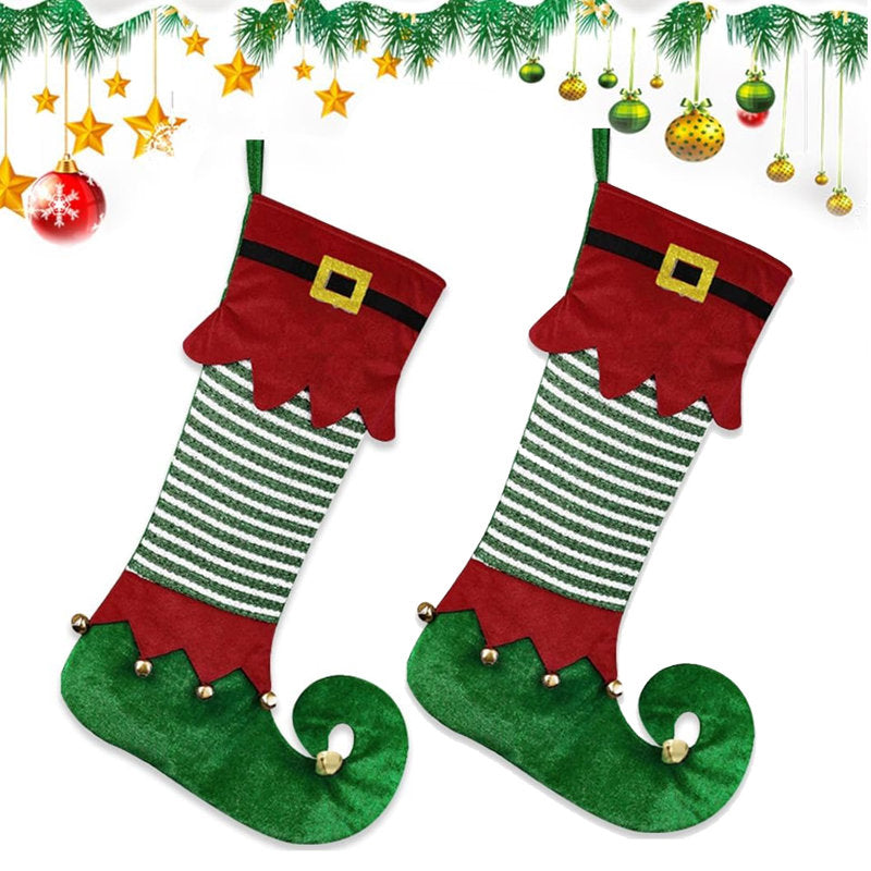 Elf Christmas Stockings 22 Inches Large Funny Jester Xmas Stocking Novelty Fireplace Decorations Velvet Ornaments Red& Green, 2 Packs