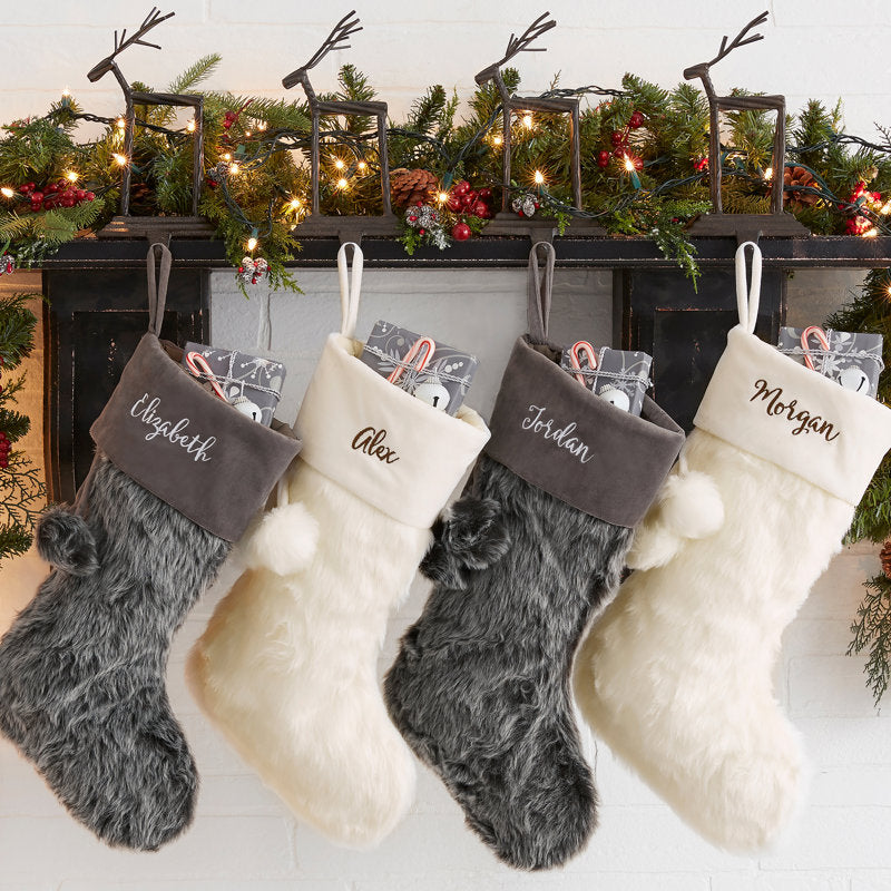 Embroidered Grey Faux Fur Christmas Stocking