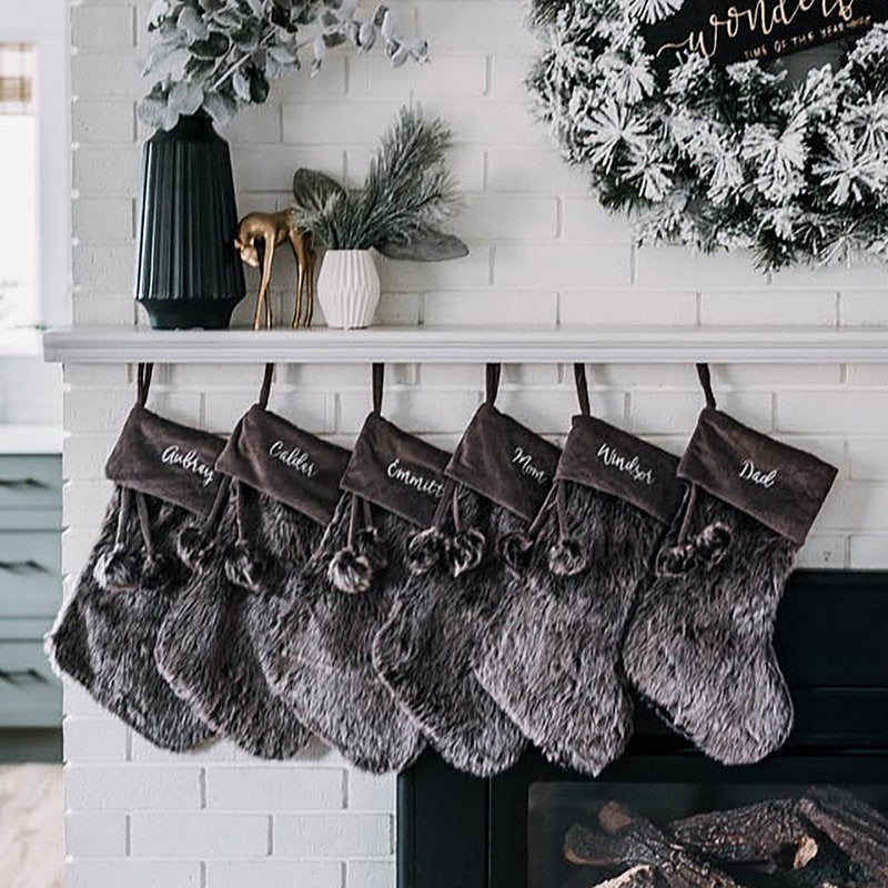 Embroidered Grey Faux Fur Christmas Stocking
