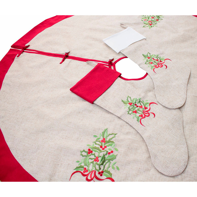 Embroidered Holly Christmas Tree White Cuff Holiday Natural Stocking