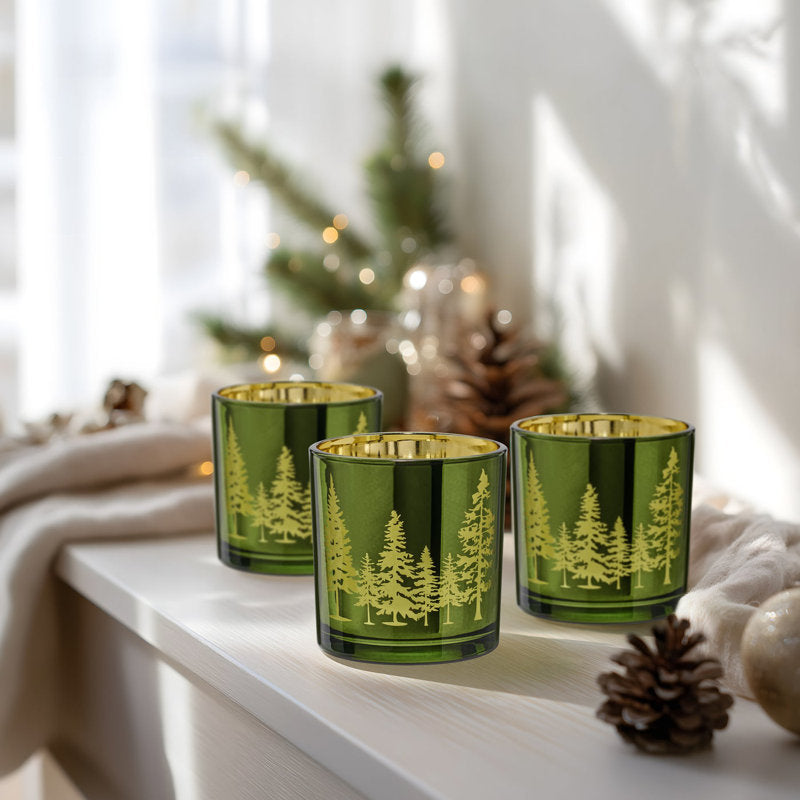 Emerald Woodland Glass Hurricane Candle Holders â€“ Set of 3 For Tealights