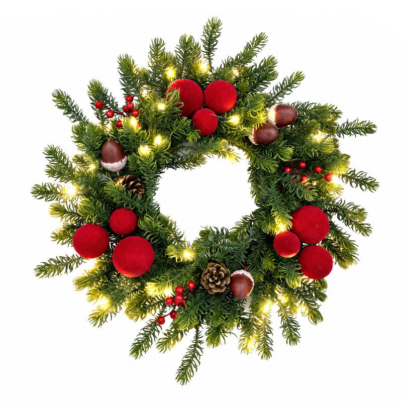 Evergreen 20-Inch Pre-Lit Nordmann Fir Christmas Wreath with Red Ball