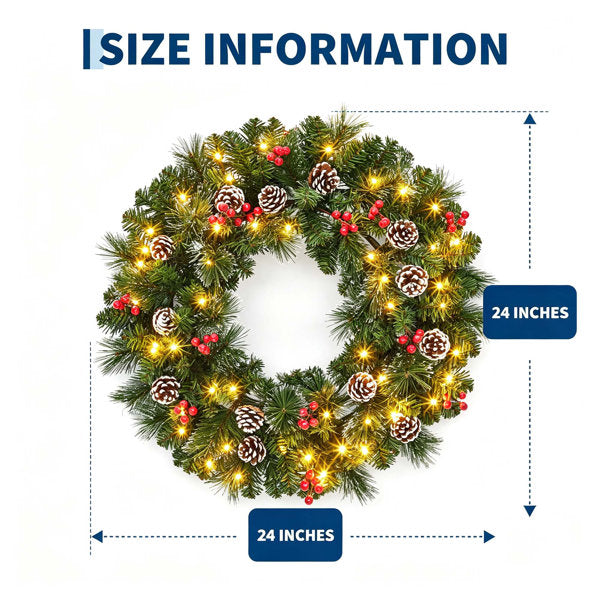 Evergreen 24" Pre-Lit Christmas Wreath for Fireplace Mantel, Porch