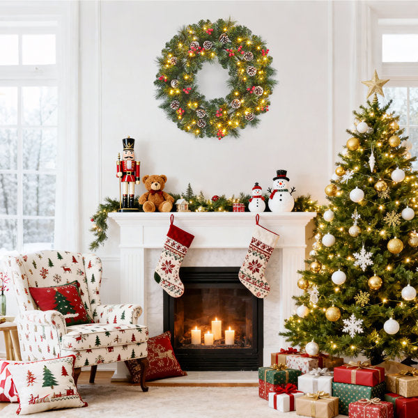 Evergreen 24" Pre-Lit Christmas Wreath for Fireplace Mantel, Porch