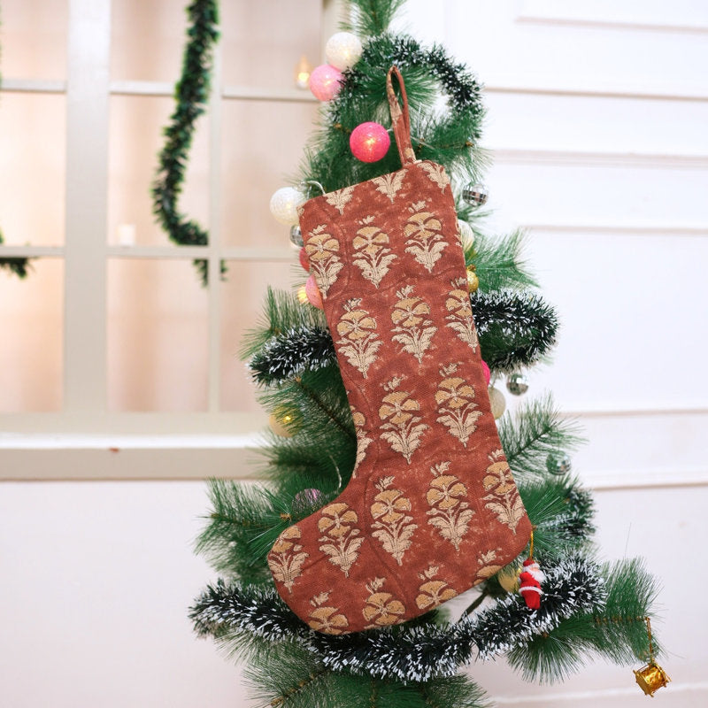 Fabdivine Festive Block Print Linen Stocking Handcrafted Holiday Home Accent- Mormukut