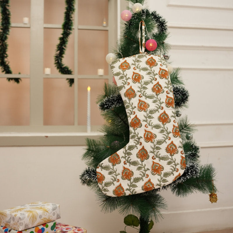 Fabdivine Handmade Block Print Christmas Stocking Unique Pattern, Ideal for Seasonal DÃ©cor- Madubala