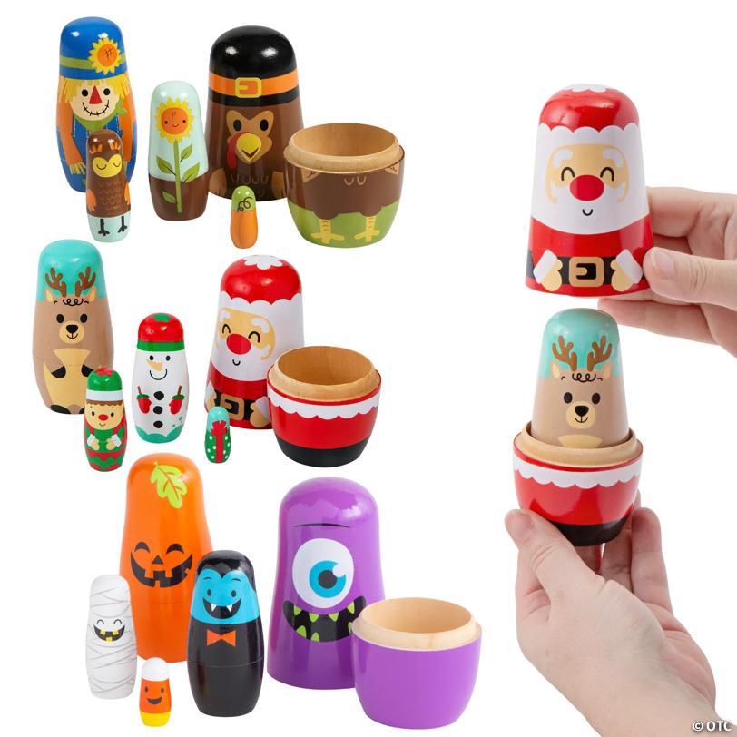 Fall & Winter Holiday Wood Nesting Doll Assortment - 15 Pc.