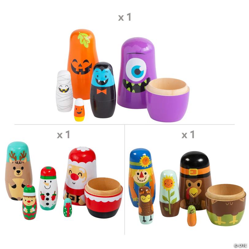 Fall & Winter Holiday Wood Nesting Doll Assortment - 15 Pc.