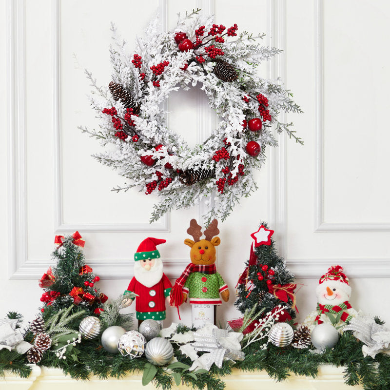 Farmhouse Artificial Christmas Wreath hung on a wooden door