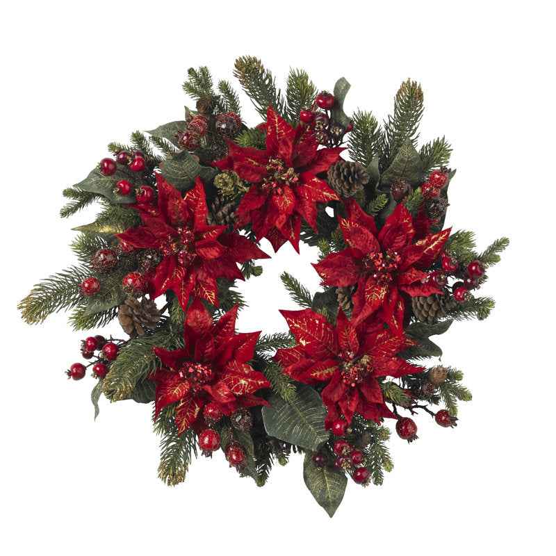 24" Artificial Berry Christmas Wreath hung on a wooden door