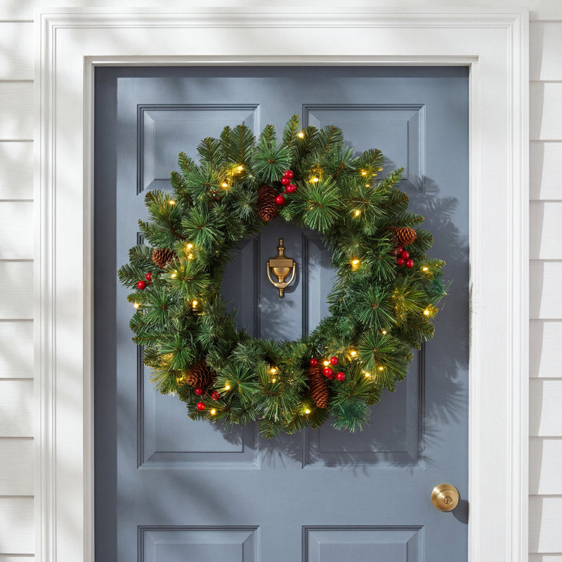 24" Artificial Eucalyptus Christmas Wreath as a festive door display