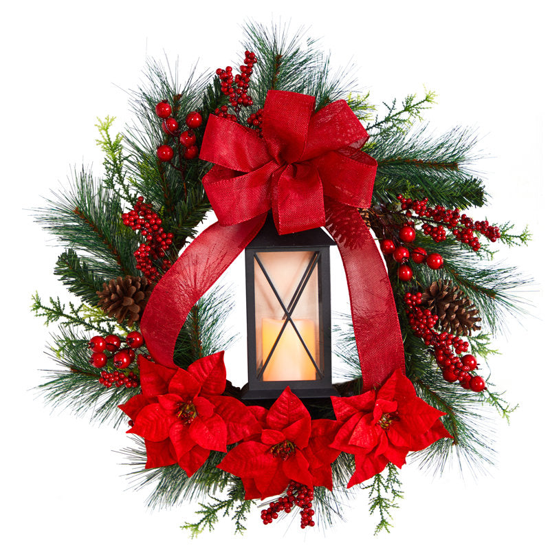 28" Pre-Lit Artificial Christmas Wreath hung on a wooden door