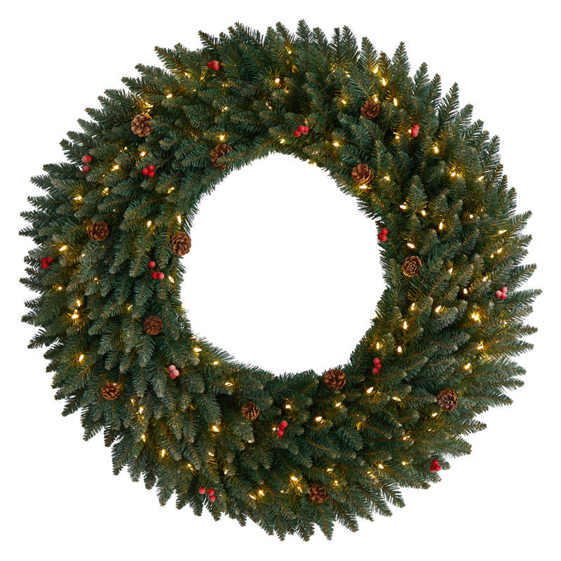 48" Pre-Lit Artificial Christmas Wreath hanging on a front door