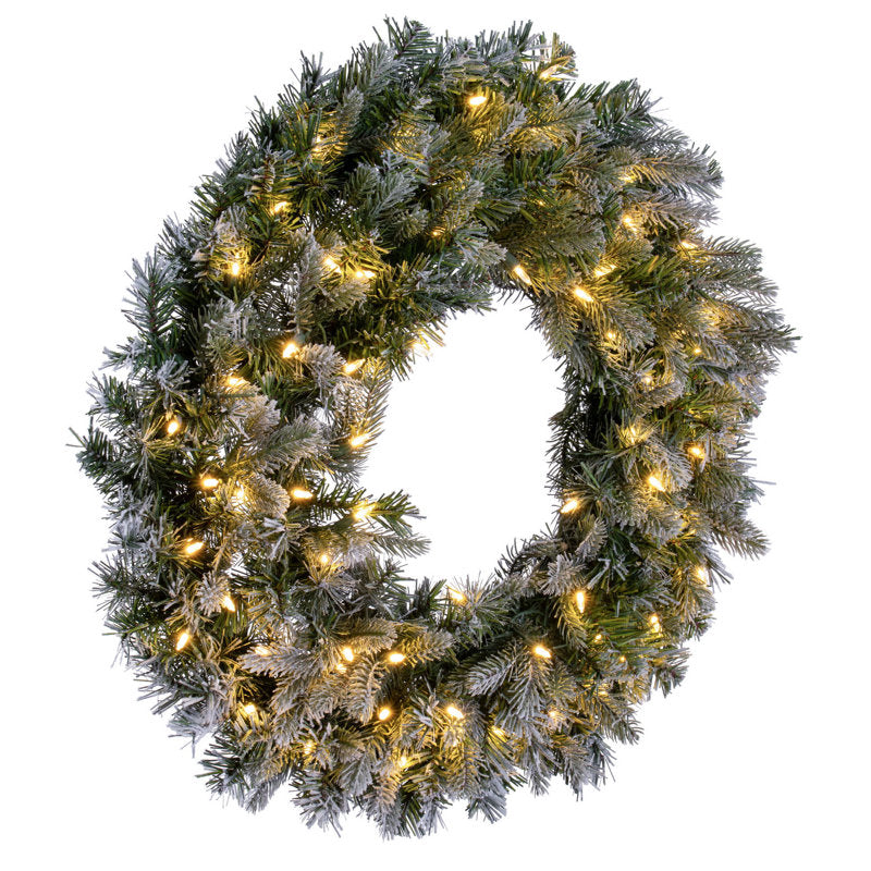 30" Pre-Lit Artificial Pine Christmas Wreath hung on a wooden door