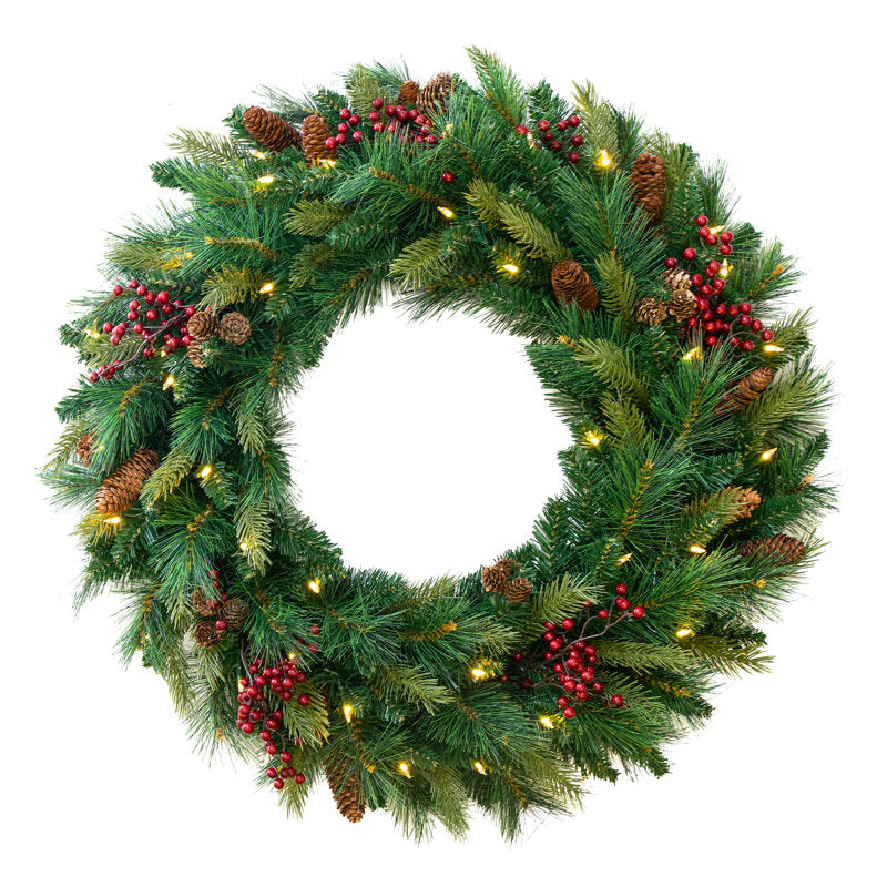 Pre-Lit Artificial Christmas Wreath hung on a wooden door