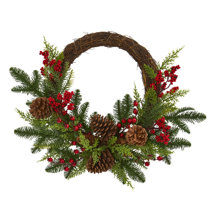 22" Artificial Christmas Wreath hung on a wooden door