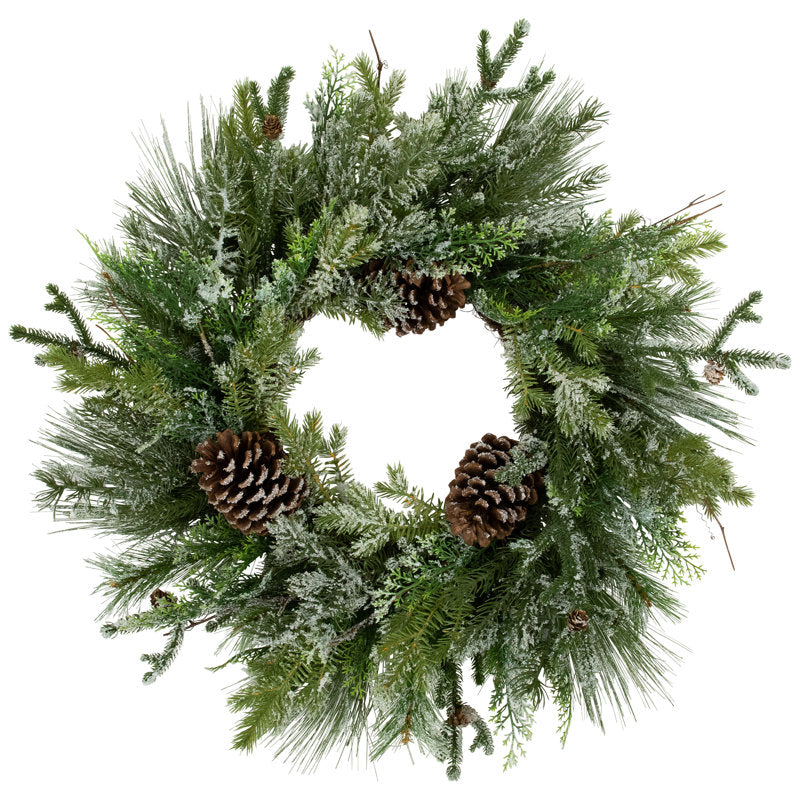 28" Artificial Pine Christmas Wreath hung on a wooden door