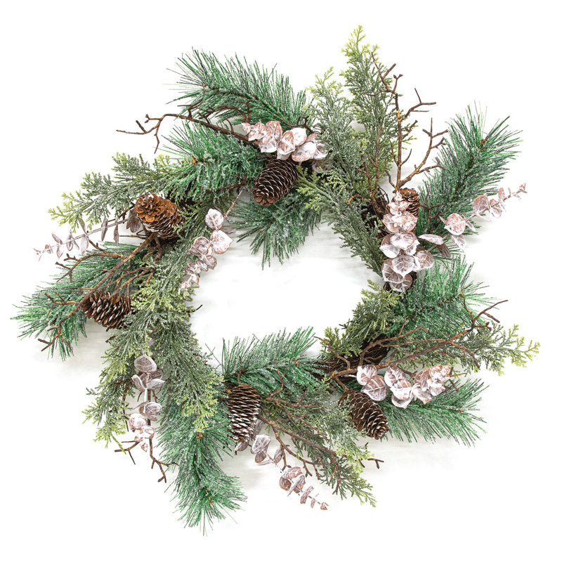 4" Artificial Pine Christmas Wreath hung on a wooden door