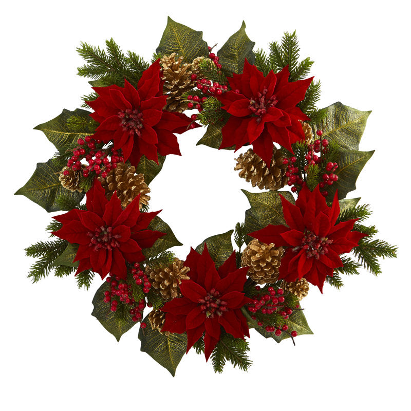24" Artificial Pine Christmas Wreath hanging on a front door