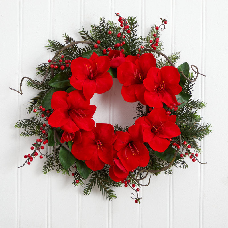 15" Artificial Pine Christmas Wreath hanging on a front door