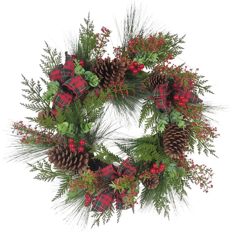 24" Artificial Christmas Wreath hung on a wooden door