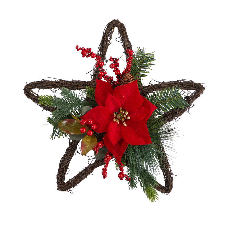 16" Artificial Poinsettia Christmas Wreath hung on a wooden door