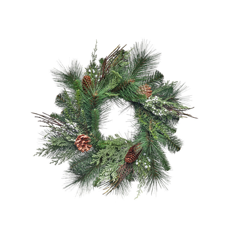 17.7" Artificial Pine Christmas Wreath hung on a wooden door