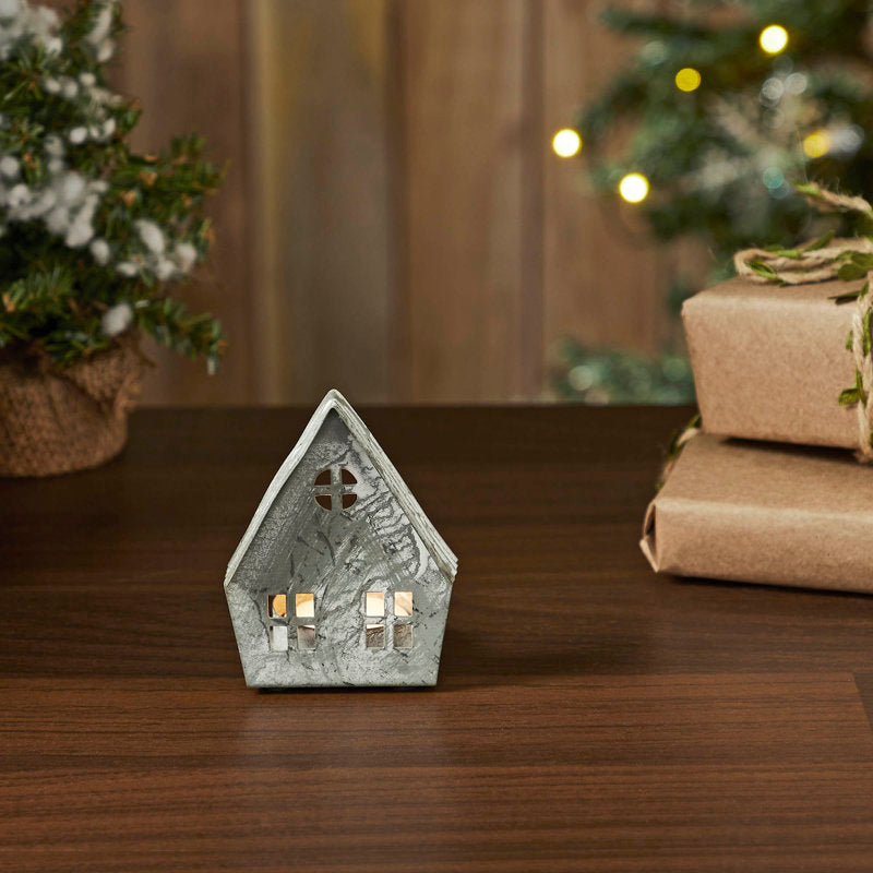 Festive Finds Tealight Holder Metal Village House F Antique Grey 3x2.75x2