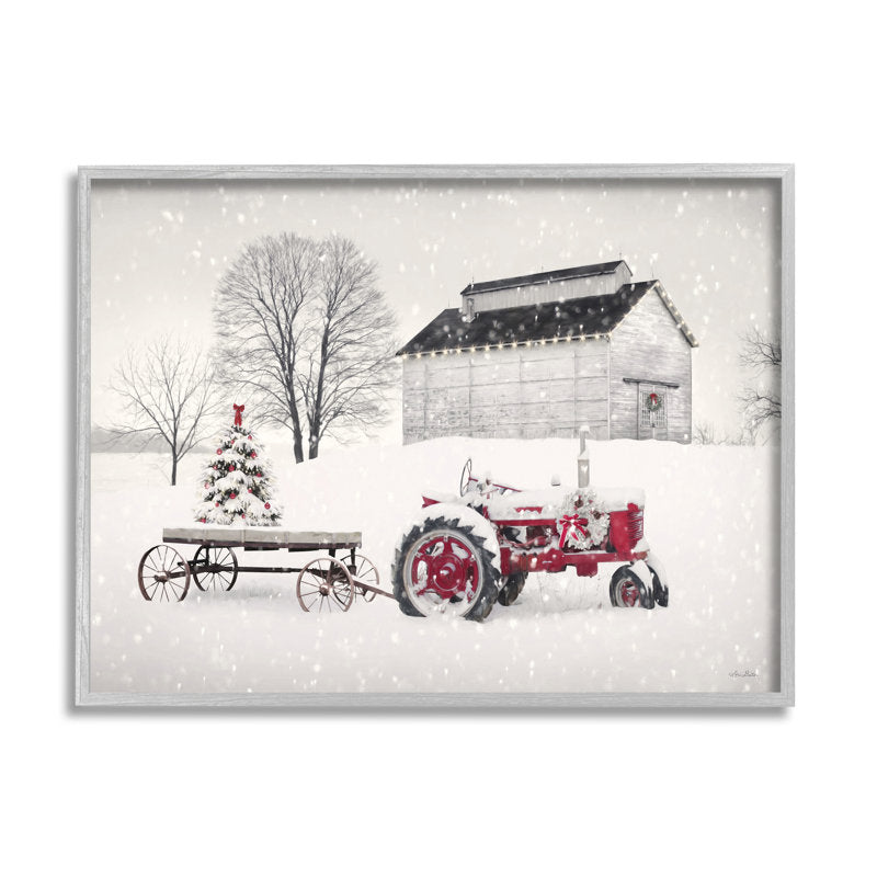 Festive Red Christmas Tractor Niveous Countryside Flurries  Gray Farmhouse Rustic Oversized Framed Giclee Texturized Art by Lori Deiter