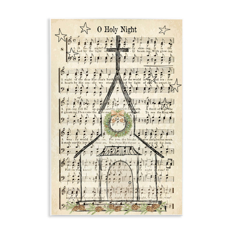 Festive Winter Church Holy Night Musical Script Gray Farmhouse Rustic Oversized Framed Giclee Texturized Art By Andi Metz