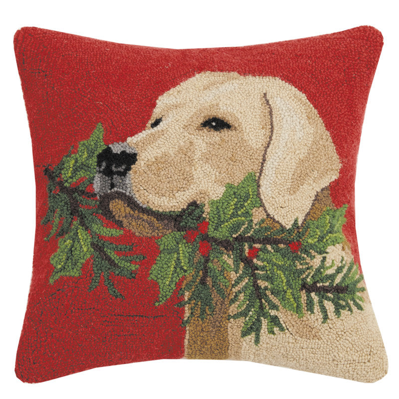 Foshee Golden Lab with Holly Branch Hook Wool Throw Pillow