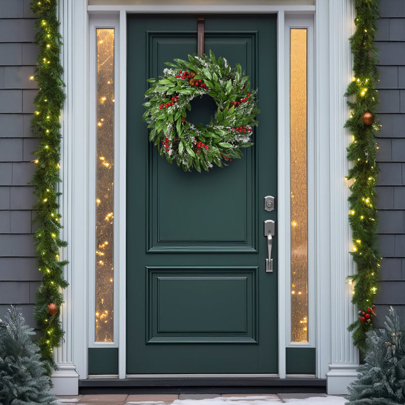 18" Flocked Pine Christmas Wreath as a festive door display