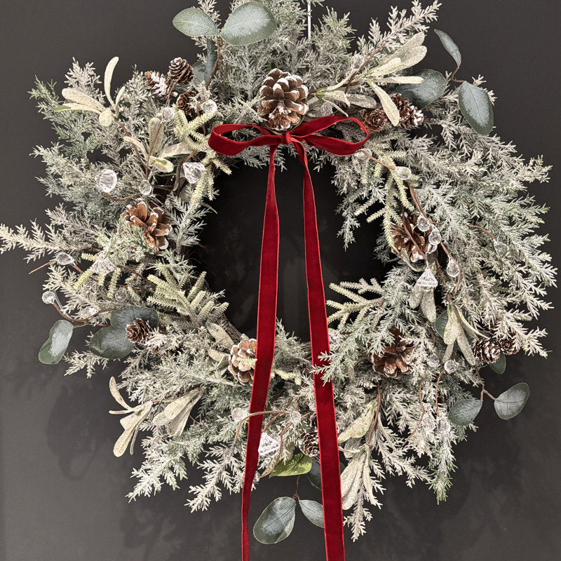 Frosted Cedar & Pinecone Wreath With Velvet Bowwinter Wreath For Front Door With Velvet Bow, Artificial Frosted Cedar And Eucalyptus Wreath With Pinecones, Holiday Indoor Wall Décor