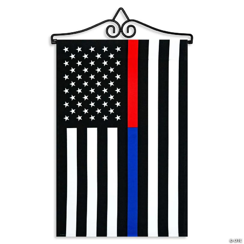 G128 Combo Set: Garden Flag Hanger AND Garden Flag Thin Blue Red Line 12"x18