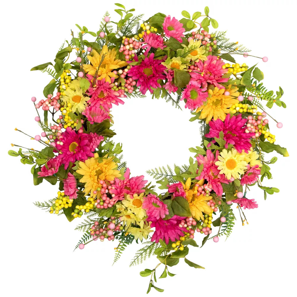 23 Inch Gerbera Daisy Berries and Daisy Floral Spring Wreath Pink and Yellow