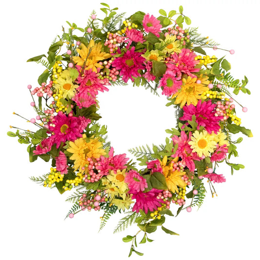 23 Inch Gerbera Daisy Berries and Daisy Floral Spring Wreath Pink and Yellow