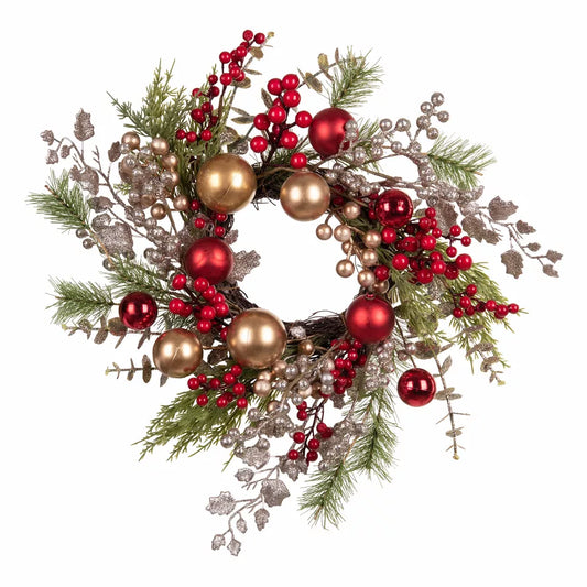 Glittered Leaf, Pine, Berry, and Ball Artificial Christmas Wreath