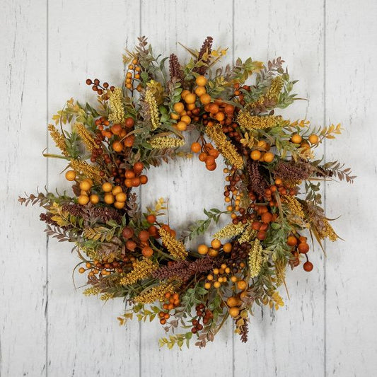 Lifelike Real Touch Mixed Foliage and Berries Fall Harvest Wreath 24 Inch
