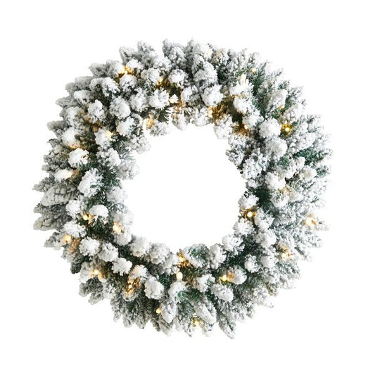 Nearly Natural 24-in Flocked Artificial Christmas Wreath with LED Lights
