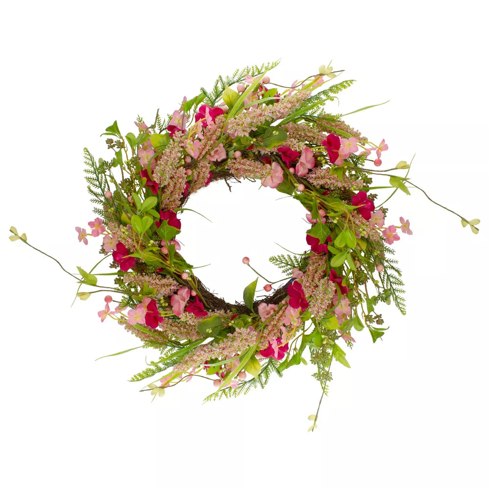 21 Inch Pink Spring Floral Foliage and Berry Artificial Twig Wreath