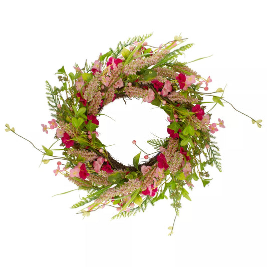 21 Inch Pink Spring Floral Foliage and Berry Artificial Twig Wreath
