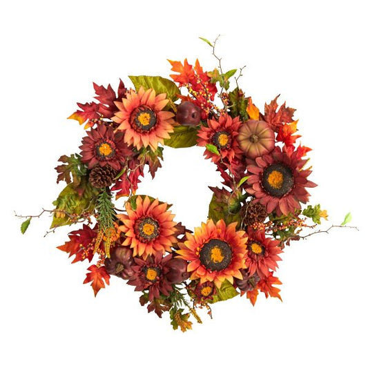 24" Autumn Wreath with Sunflowers, Pumpkins & Pinecones