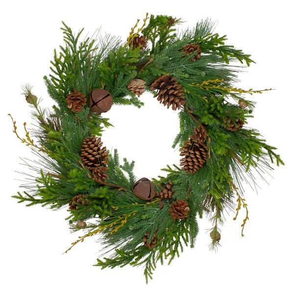 26 Inch Rustic Pinecone Artificial Christmas Wreath with Sleigh Bells