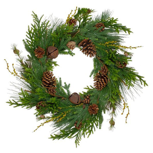 26 Inch Rustic Pinecone Artificial Christmas Wreath with Sleigh Bells