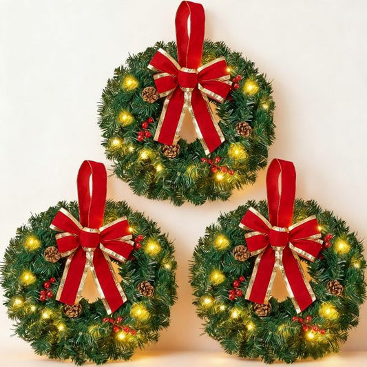 3 Pack 19 Inch Prelit Christmas Wreaths with Bow Battery Operated Indoor Outdoor Decorations
