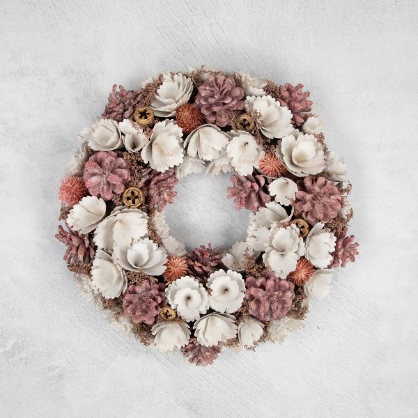 13" White and Pink Floral Christmas Wreath with Wooden Accents and Pinecones
